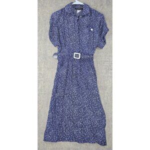 Vintage 80-90's All That Jazz Floral Belted Midi Dress Blue/White Size S Vintage